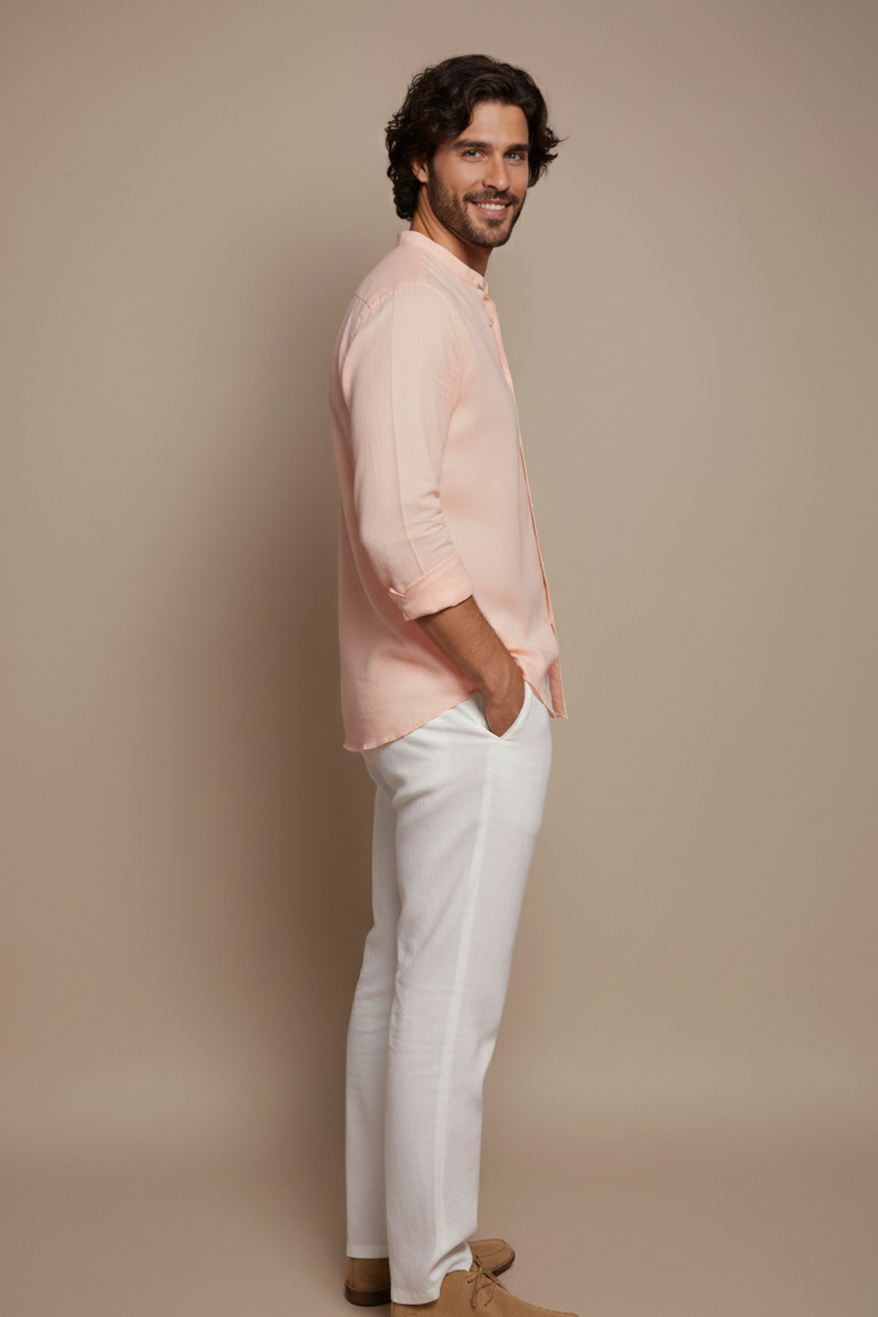 Men Regular Fit Solid Mandarin Collar Casual Shirt