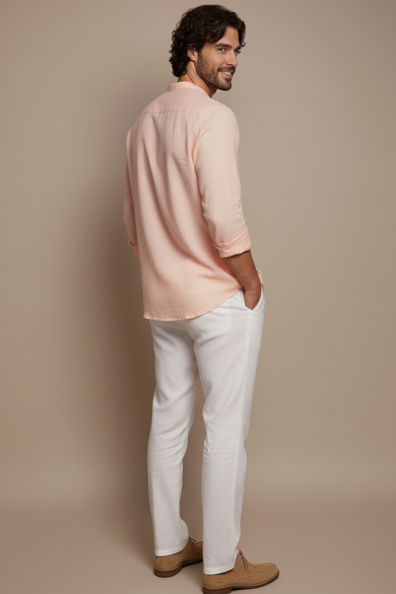 Men Regular Fit Solid Mandarin Collar Casual Shirt