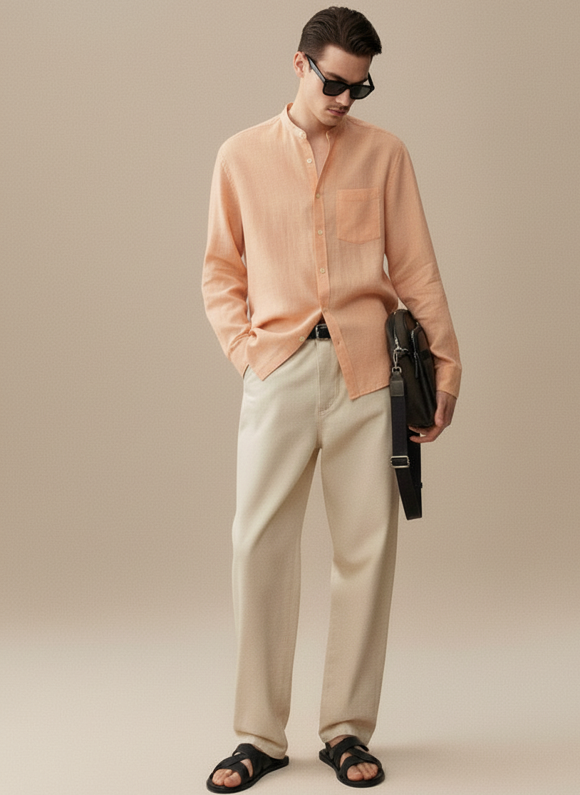 Men Regular Fit Solid Mandarin Collar Casual Shirt