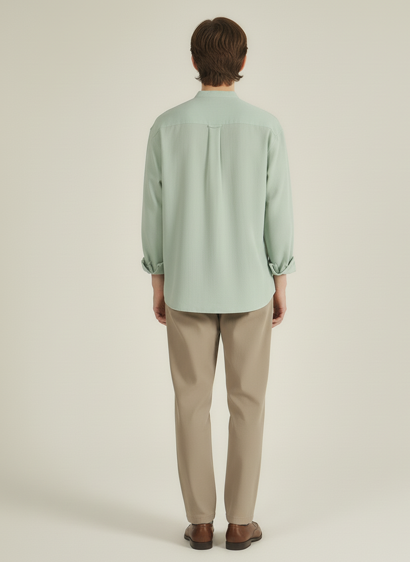 Men Regular Fit Solid Mandarin Collar Casual Shirt