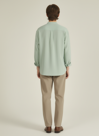 Men Regular Fit Solid Mandarin Collar Casual Shirt