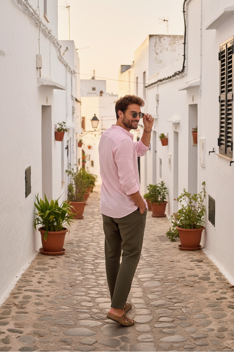 Men Regular Fit Solid Mandarin Collar Casual Shirt