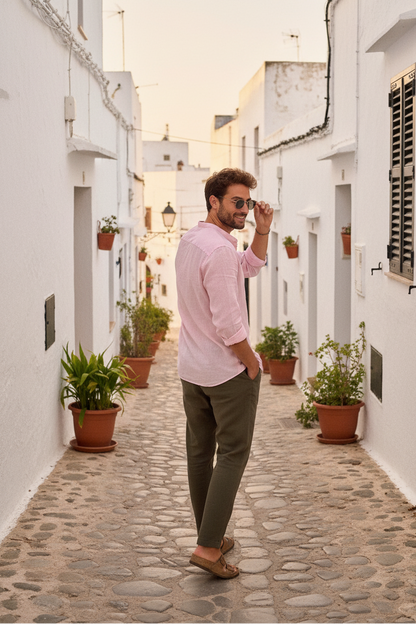 Men Regular Fit Solid Mandarin Collar Casual Shirt