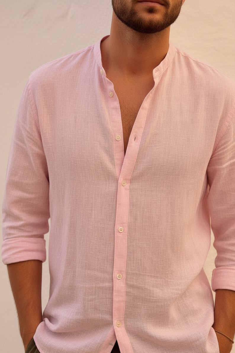 Men Regular Fit Solid Mandarin Collar Casual Shirt