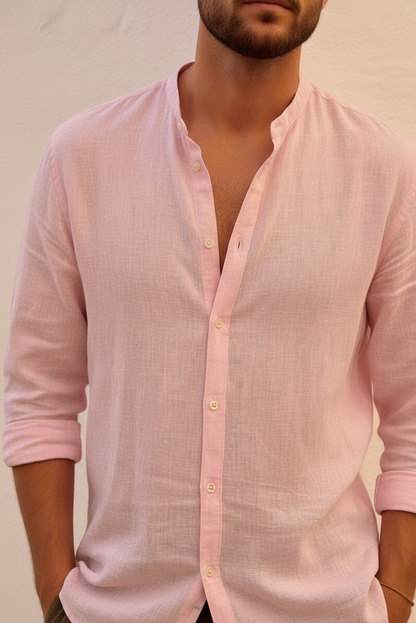 Men Regular Fit Solid Mandarin Collar Casual Shirt