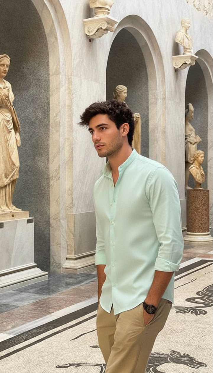 Men Regular Fit Solid Mandarin Collar Casual Shirt