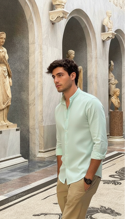 Men Regular Fit Solid Mandarin Collar Casual Shirt