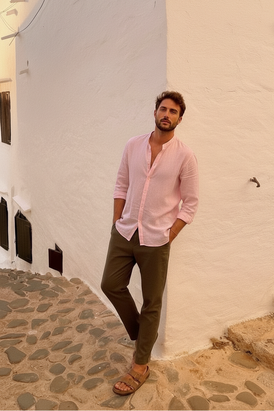 Men Regular Fit Solid Mandarin Collar Casual Shirt