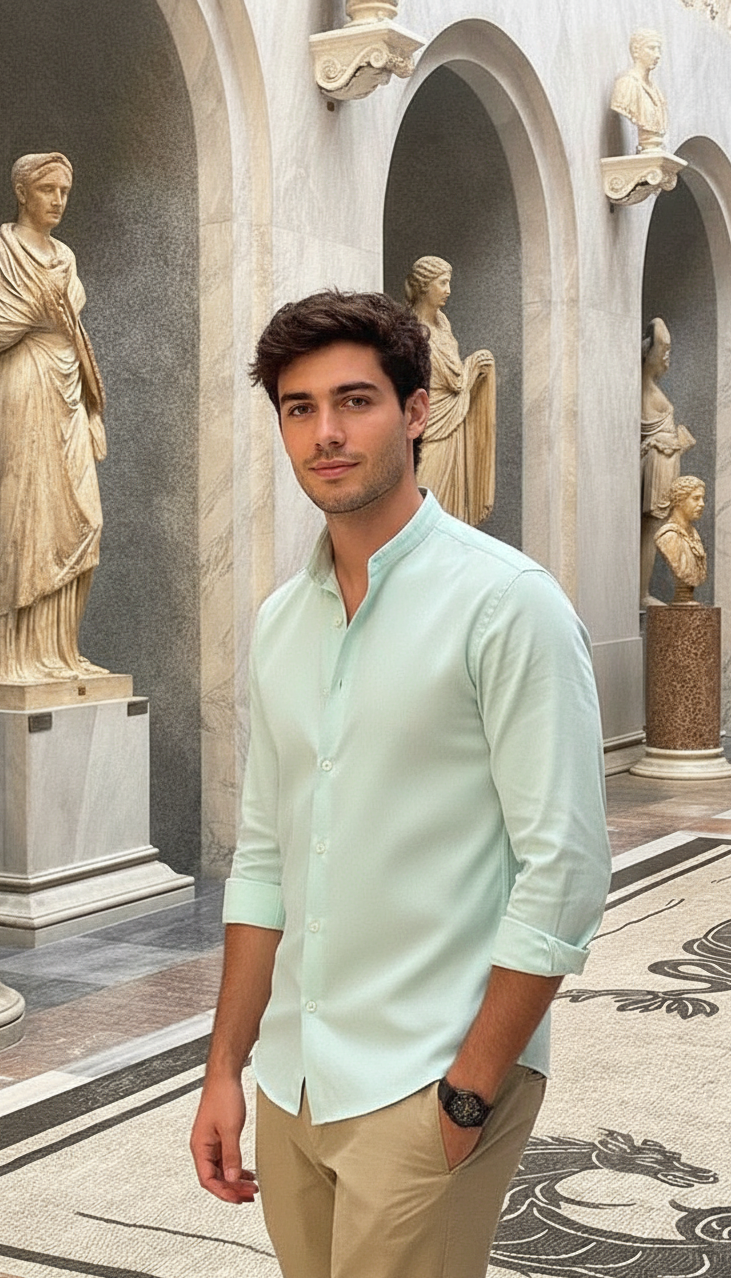 Men Regular Fit Solid Mandarin Collar Casual Shirt