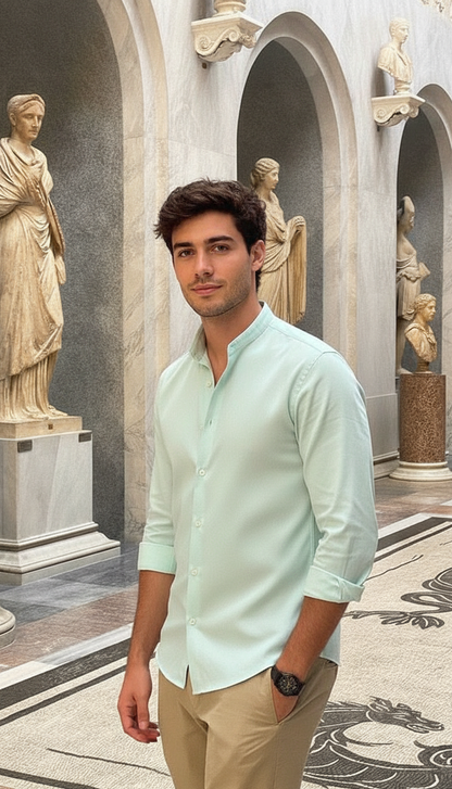 Men Regular Fit Solid Mandarin Collar Casual Shirt