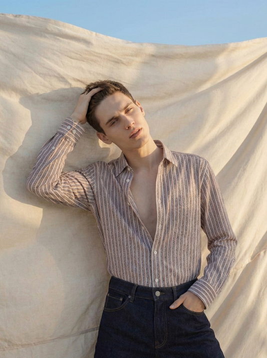 Pink and White Color Stripes Knitted Fabric Shirt