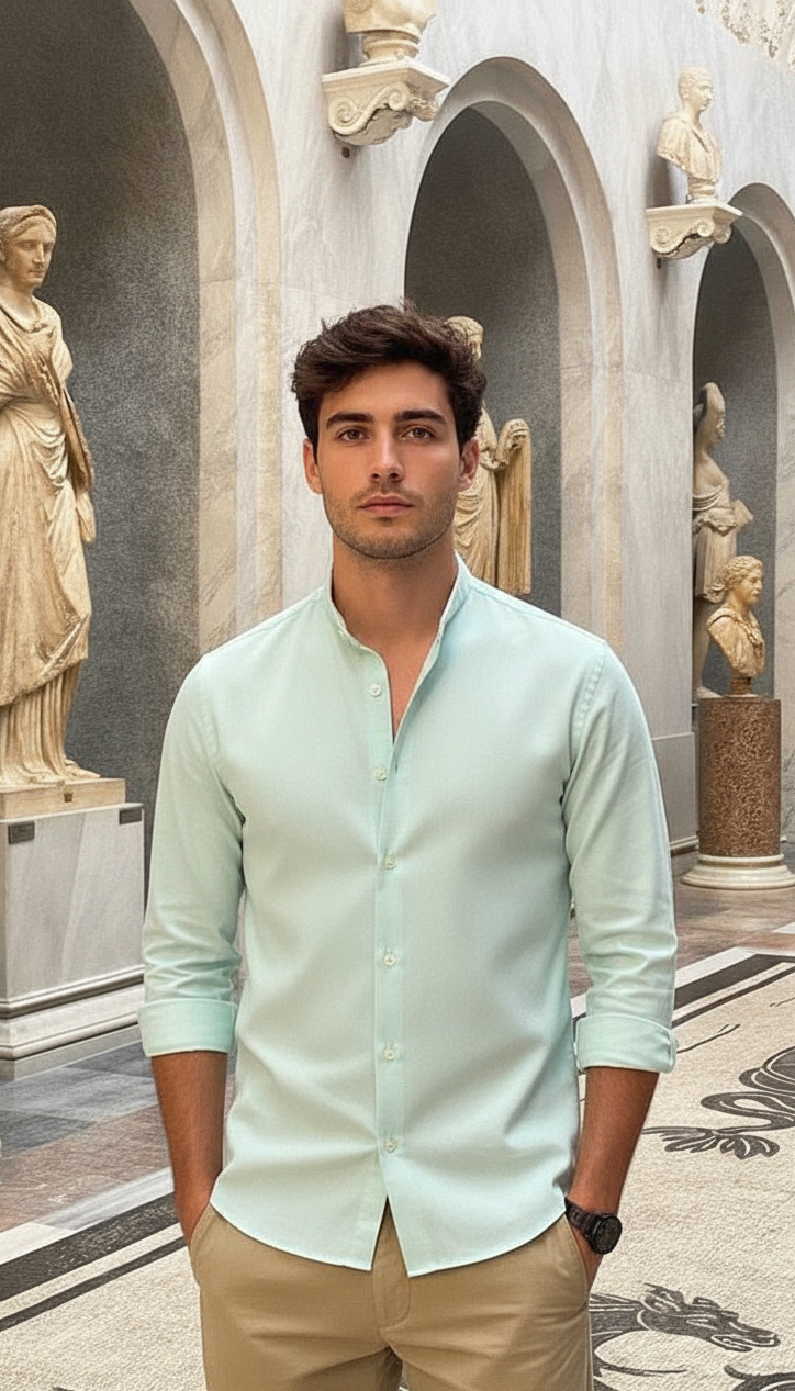 Men Regular Fit Solid Mandarin Collar Casual Shirt