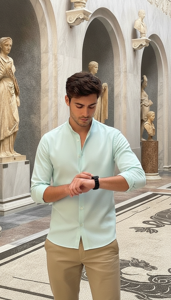 Men Regular Fit Solid Mandarin Collar Casual Shirt