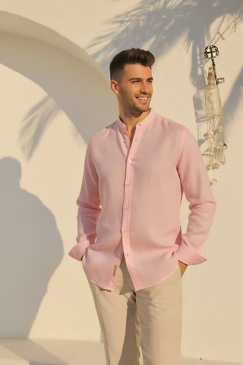 Men Regular Fit Solid Mandarin Collar Casual Shirt