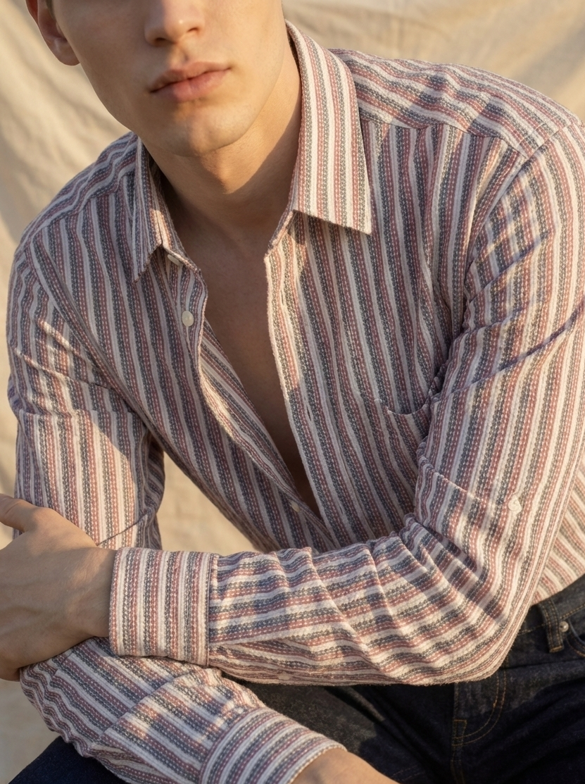 Pink and White Color Stripes Knitted Fabric Shirt