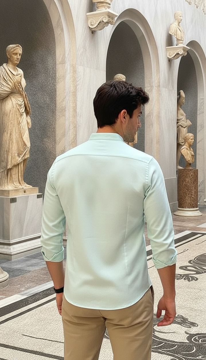 Men Regular Fit Solid Mandarin Collar Casual Shirt