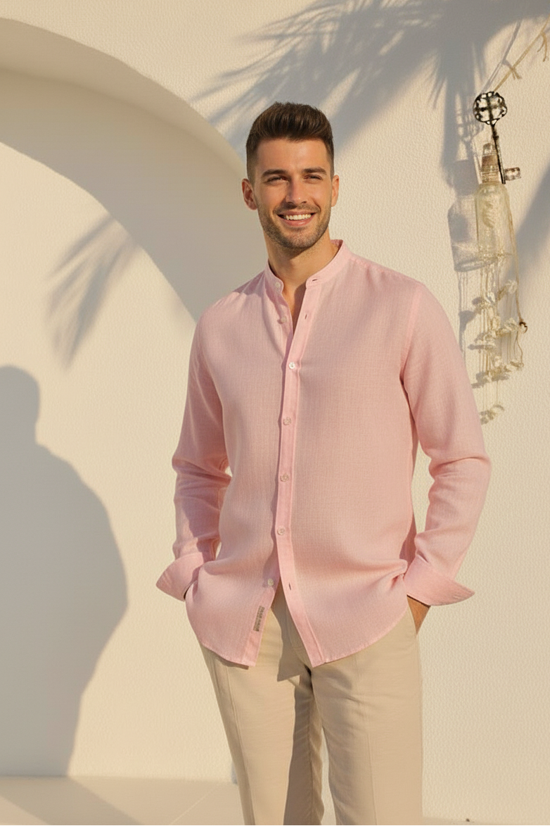 Men Regular Fit Solid Mandarin Collar Casual Shirt