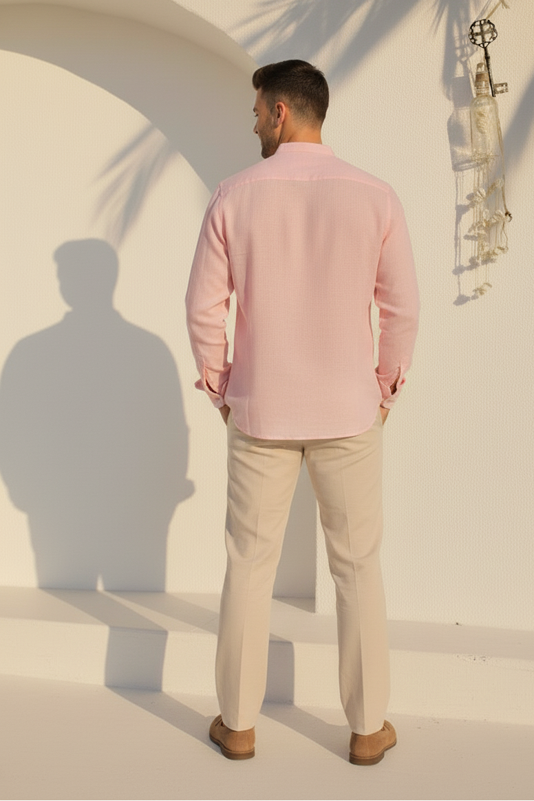 Men Regular Fit Solid Mandarin Collar Casual Shirt