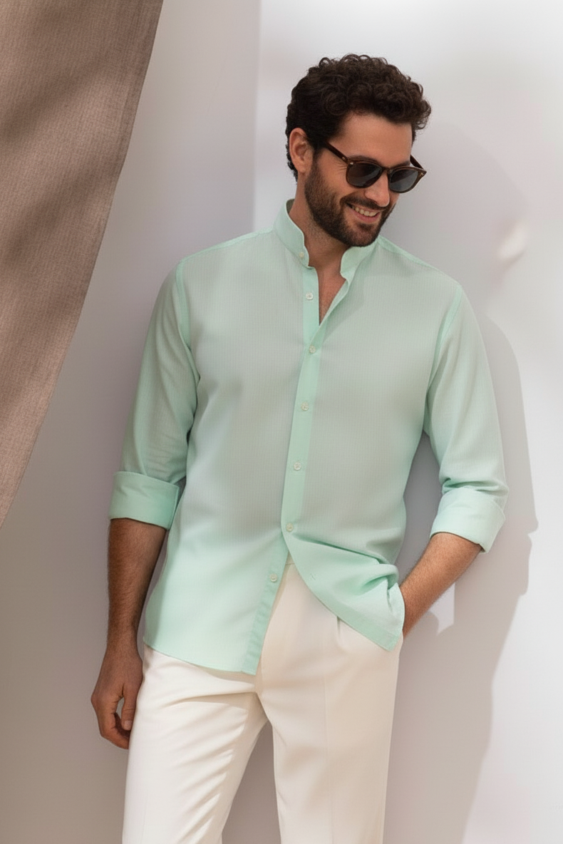 Men Regular Fit Solid Mandarin Collar Casual Shirt