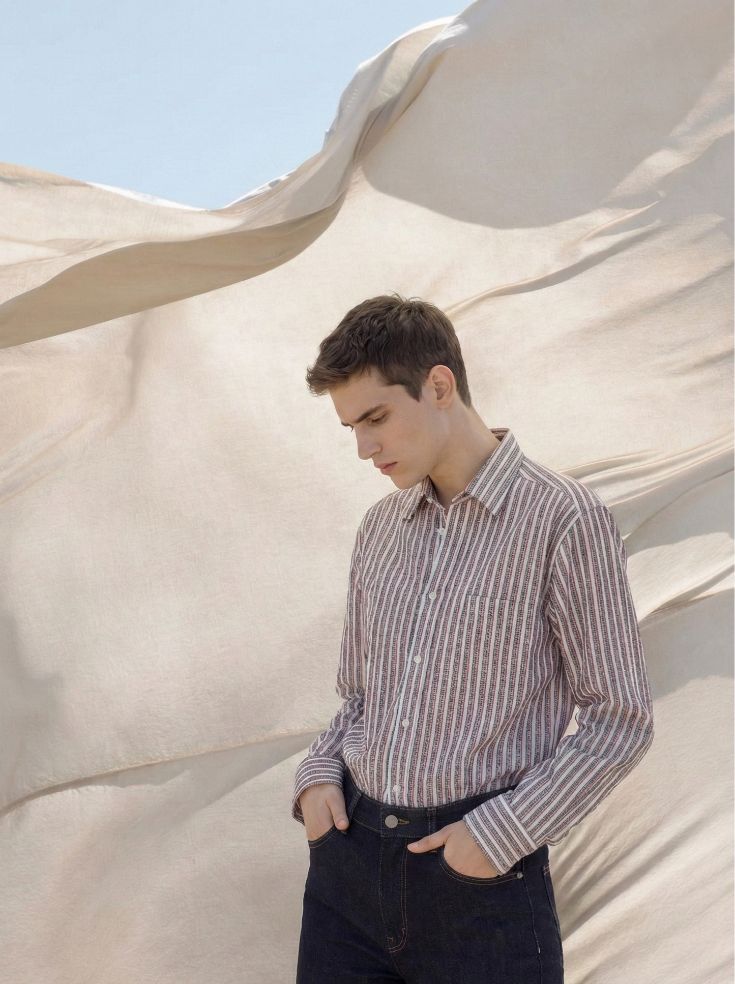 Pink and White Color Stripes Knitted Fabric Shirt