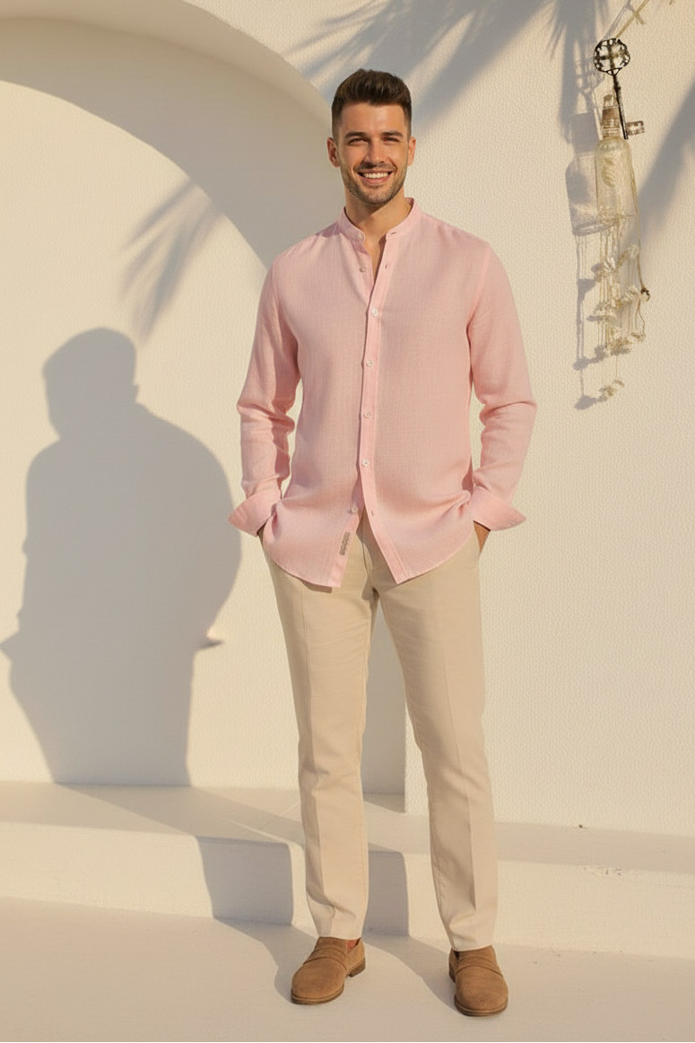 Men Regular Fit Solid Mandarin Collar Casual Shirt