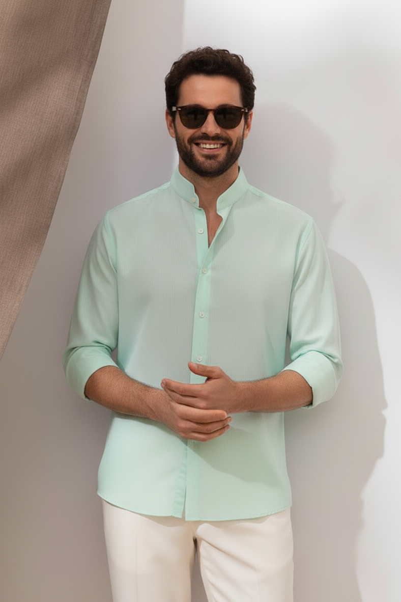 Men Regular Fit Solid Mandarin Collar Casual Shirt