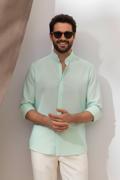 Men Regular Fit Solid Mandarin Collar Casual Shirt