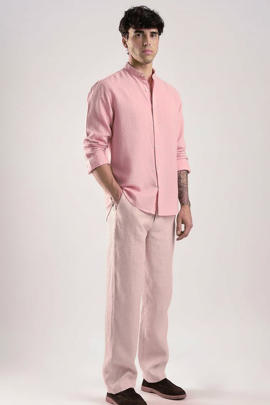 Men Regular Fit Solid Mandarin Collar Casual Shirt