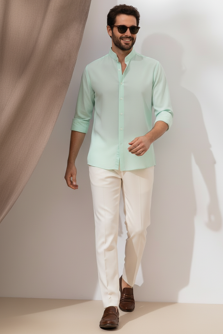 Men Regular Fit Solid Mandarin Collar Casual Shirt