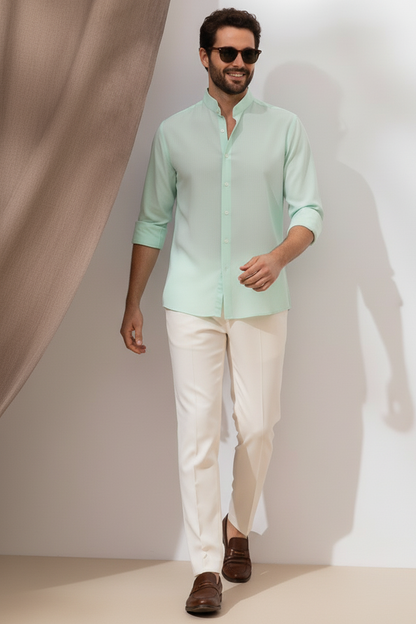 Men Regular Fit Solid Mandarin Collar Casual Shirt