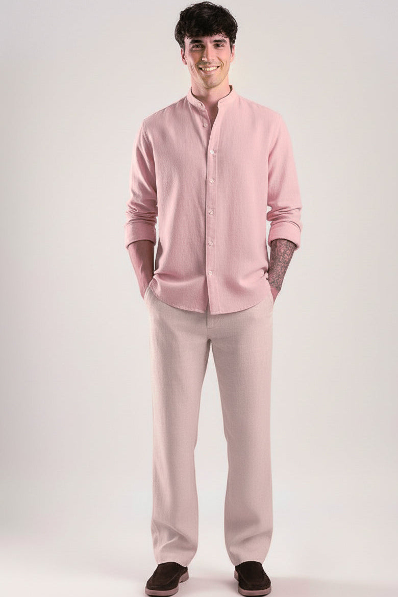 Men Regular Fit Solid Mandarin Collar Casual Shirt