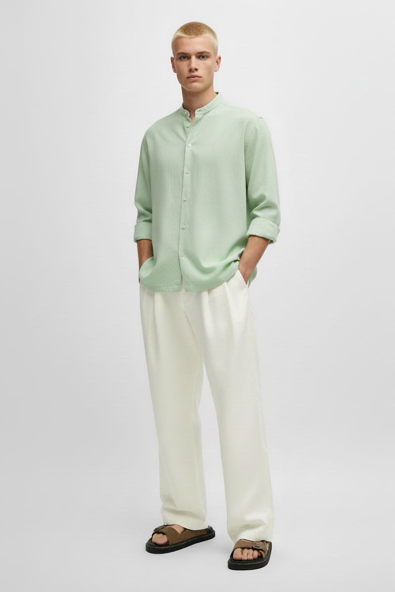 Men Regular Fit Solid Mandarin Collar Casual Shirt