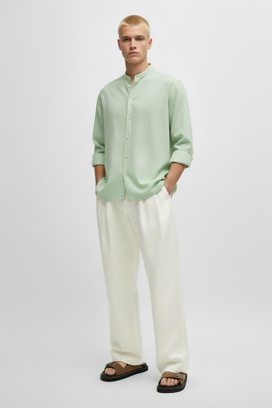 Men Regular Fit Solid Mandarin Collar Casual Shirt