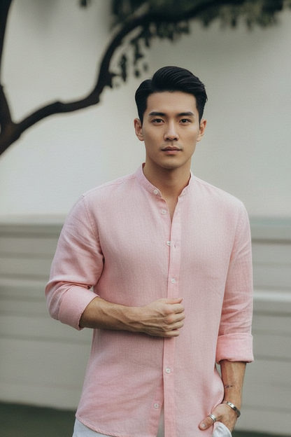 Men Regular Fit Solid Mandarin Collar Casual Shirt