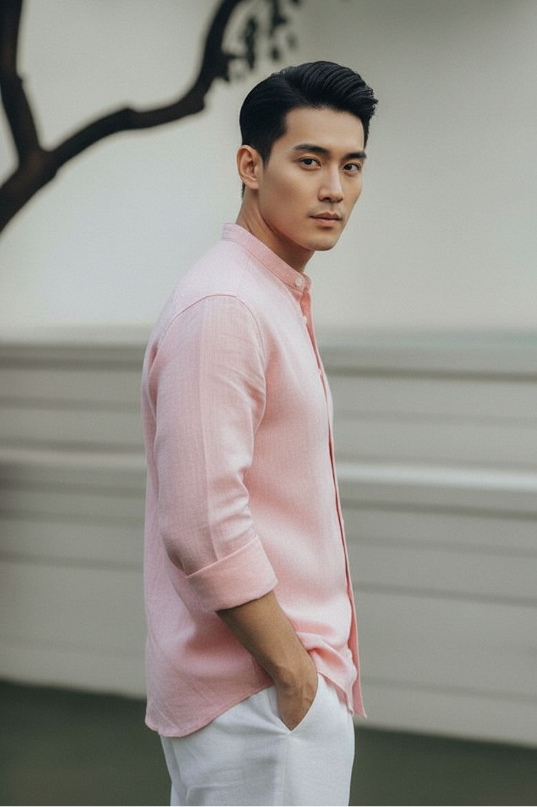 Men Regular Fit Solid Mandarin Collar Casual Shirt