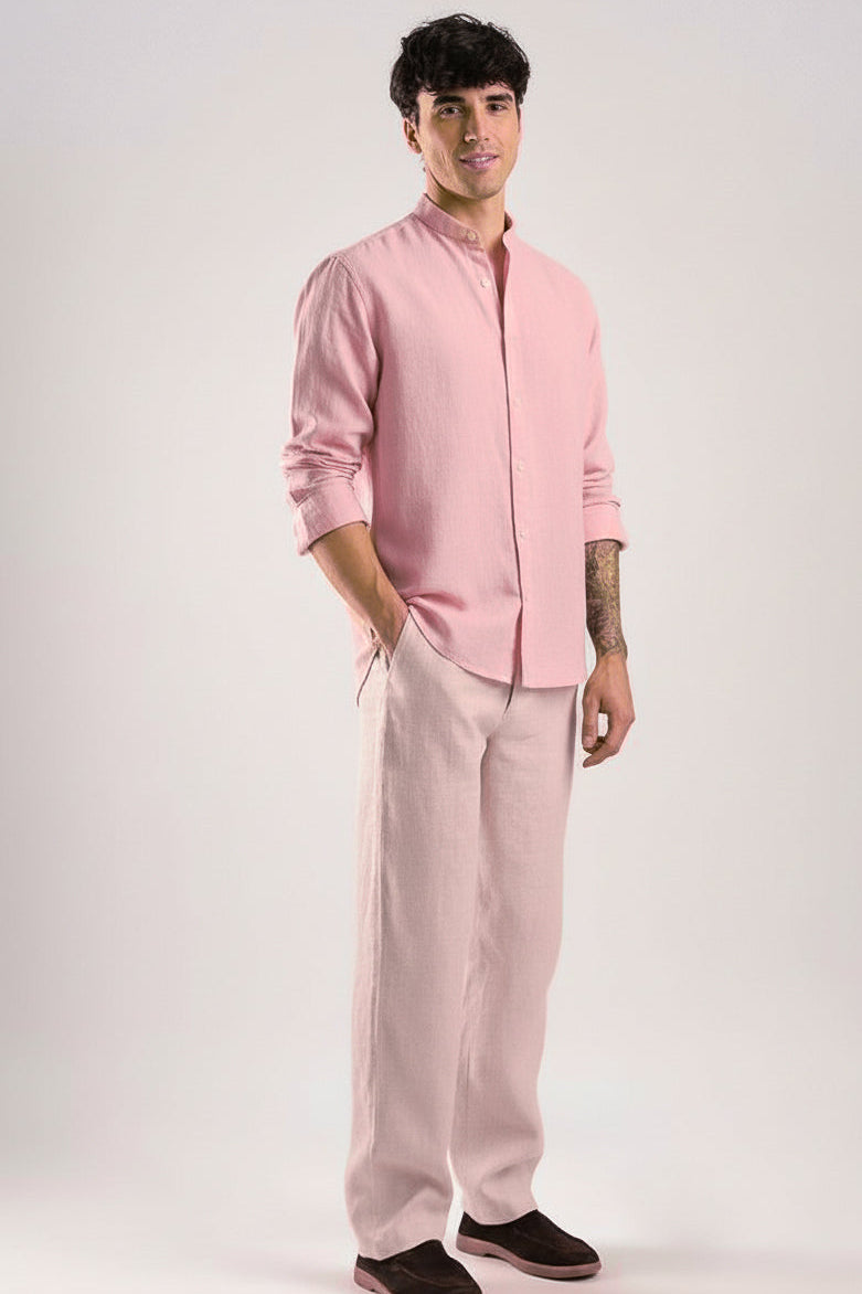 Men Regular Fit Solid Mandarin Collar Casual Shirt