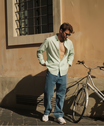 Men Regular Fit Solid Mandarin Collar Casual Shirt