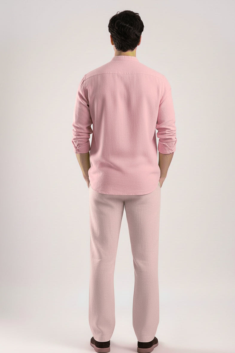 Men Regular Fit Solid Mandarin Collar Casual Shirt