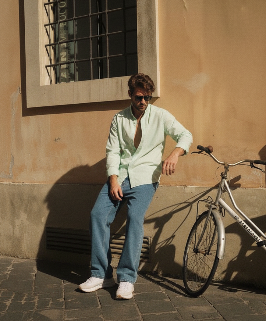 Men Regular Fit Solid Mandarin Collar Casual Shirt