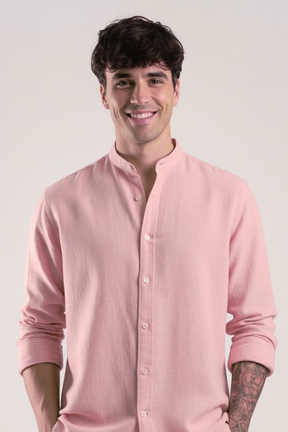 Men Regular Fit Solid Mandarin Collar Casual Shirt