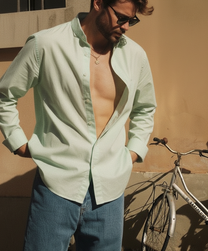 Men Regular Fit Solid Mandarin Collar Casual Shirt