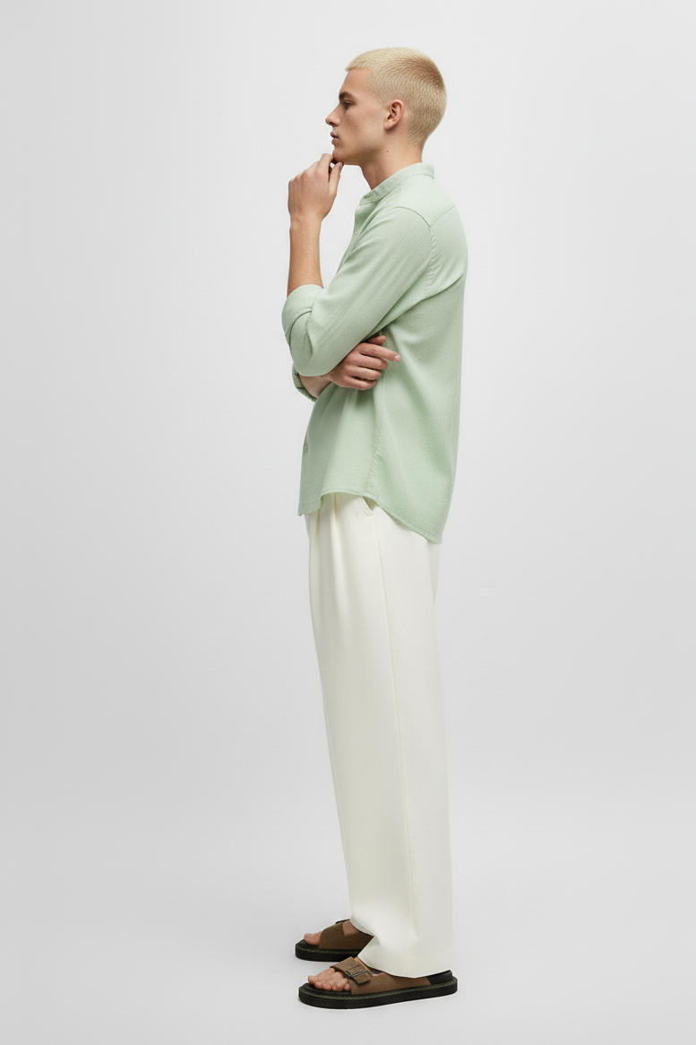 Men Regular Fit Solid Mandarin Collar Casual Shirt