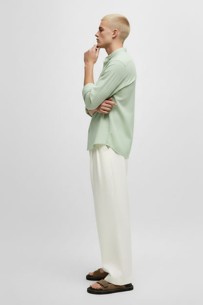 Men Regular Fit Solid Mandarin Collar Casual Shirt