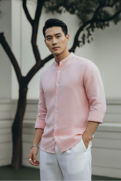 Men Regular Fit Solid Mandarin Collar Casual Shirt