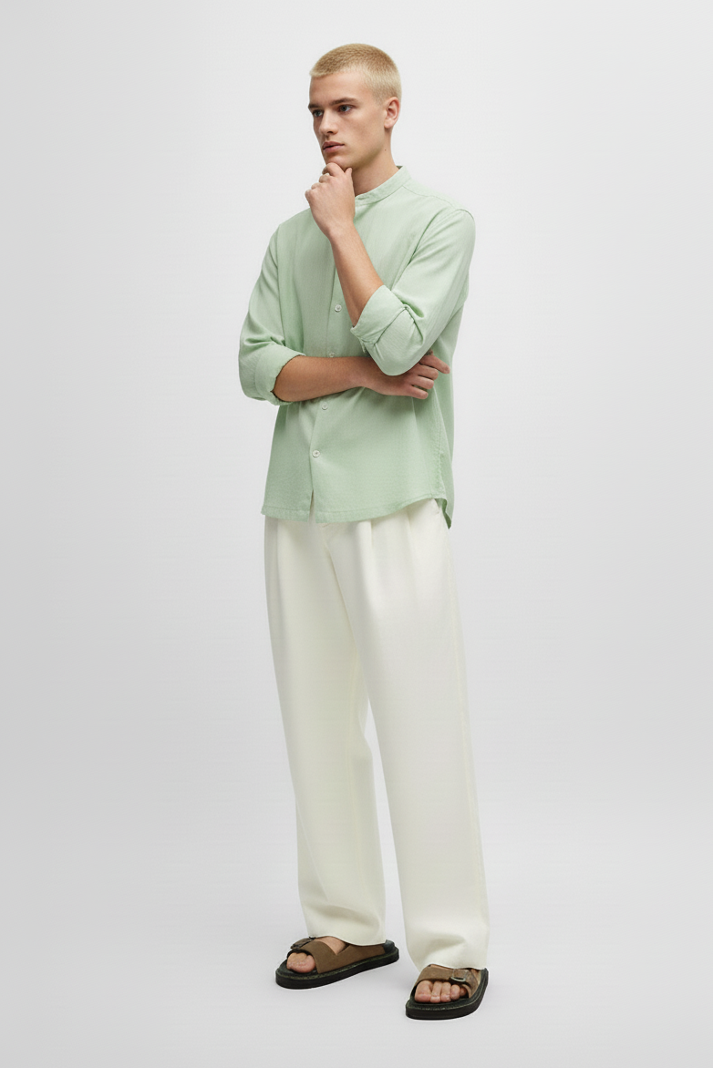 Men Regular Fit Solid Mandarin Collar Casual Shirt