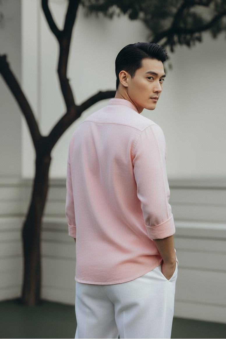 Men Regular Fit Solid Mandarin Collar Casual Shirt