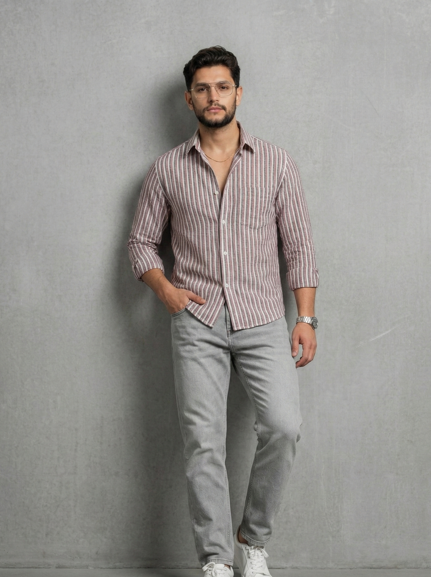 Pink and White Color Stripes Knitted Fabric Shirt