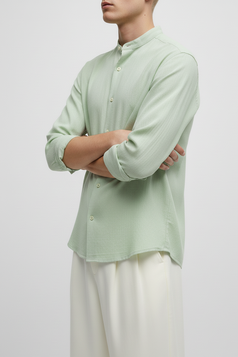 Men Regular Fit Solid Mandarin Collar Casual Shirt