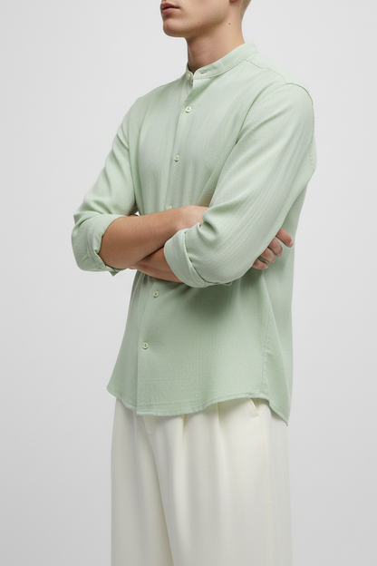 Men Regular Fit Solid Mandarin Collar Casual Shirt