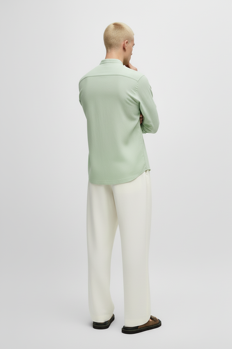 Men Regular Fit Solid Mandarin Collar Casual Shirt